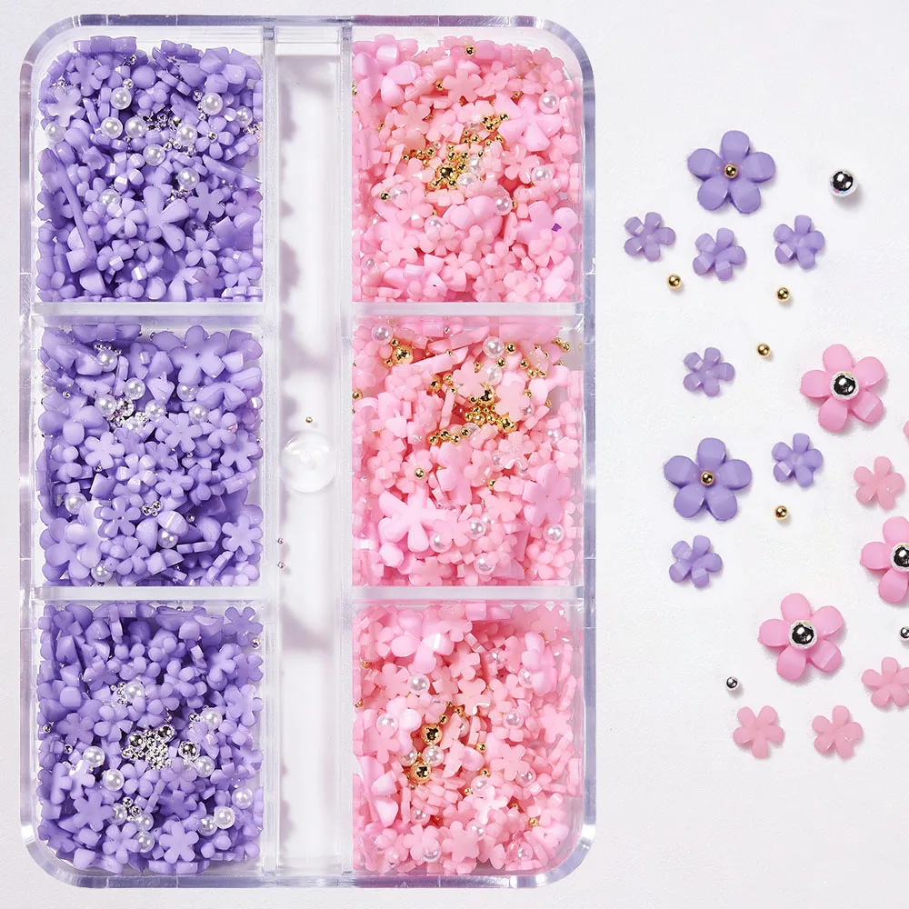 

2023's Spring Pink/Purple 3D Acrylic Flower 6-Grid/Box Mixed-Size ( 3/6mm)Flower Nail Art Decor DIY Metal Beads/Pearl Flowers