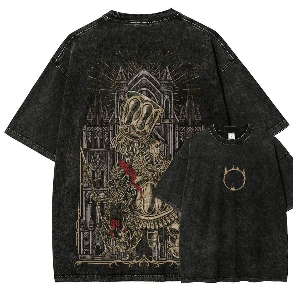 Classic Action Role-playing Game Dark Souls Graphic Print T-Shirt Men Women Retro Washed Cotton Loose Oversized Top Summer Tee 2