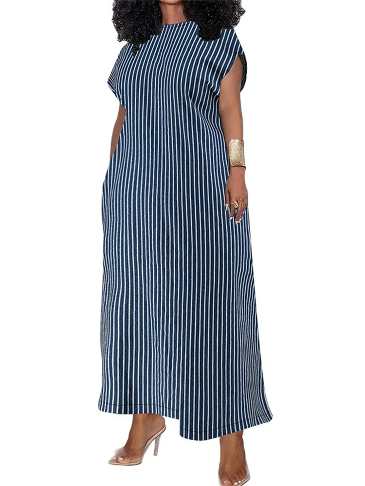 Wmstar Plus Size Denim Dresses for Women Striped Sleeveless Casual Loose New in Summer Clothes Long Dress Wholesale Dropshipping