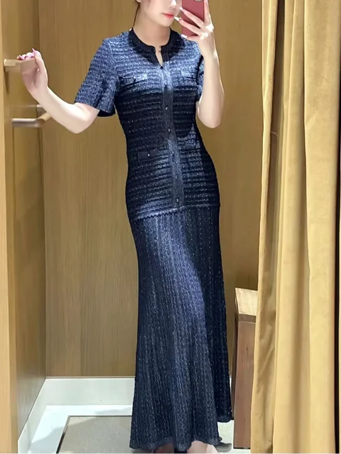New Luxury Long Waist-cinching Sequin Dress Elegant Style Navy Blue Fit Dresses Women 2026 Party Round Neck Short-sleeved Gown