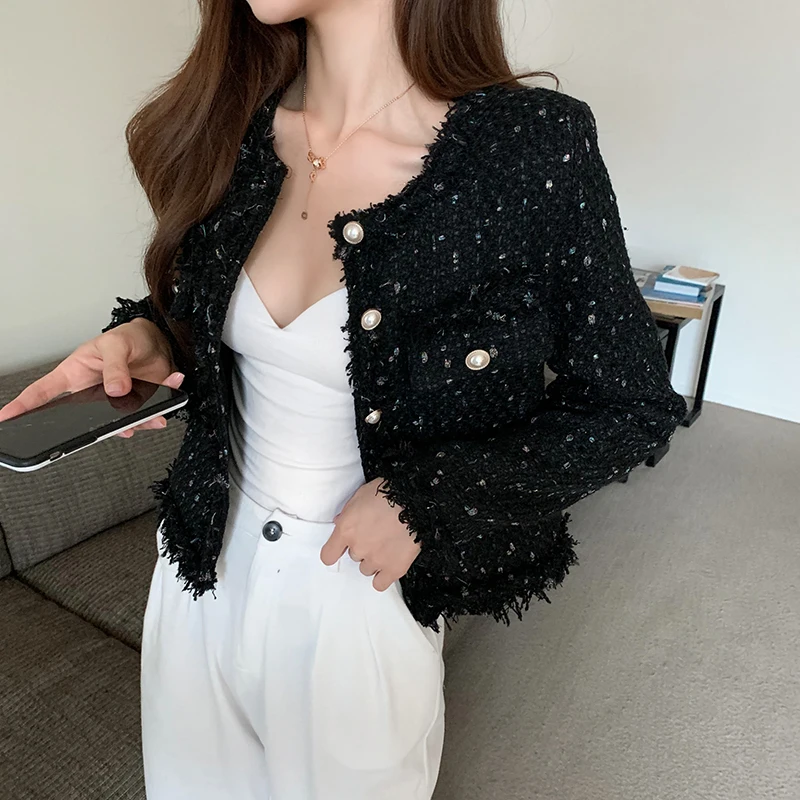 

Nice Small Fragrance Women Tweed Outerwear Autumn Winter Single Breasted Tassel Blends Wool Female Long Sleeve Jacket Coat