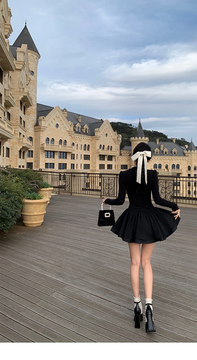 Elegant Solid Knitted Dress Women Long Sleeve Half High Collar A-line Mini Dresses Autumn Winter Birthday Party Vestidos Trend