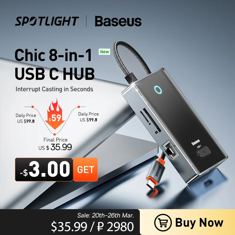  Baseus USB Hub 4K@60Hz HDMI-Compatible with 2USB3.0+USB-C+USB2.0+Internet Port & SD+TF Card Reader for MacBook & USB-C Laptops 