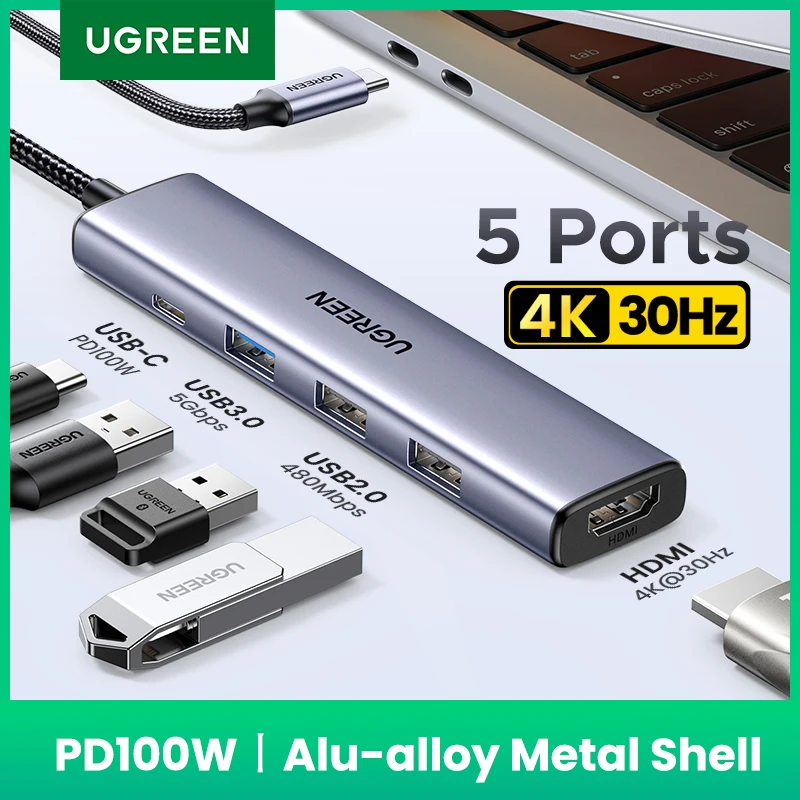 USB Hub UGREEN 5-in-1 USB C HUB 4K HDMI USB3.0 HUB PD100W Multiport Adapter for Laptop MacBook Pro/Air iPad Pro iPhone15/16 Samsung Dell