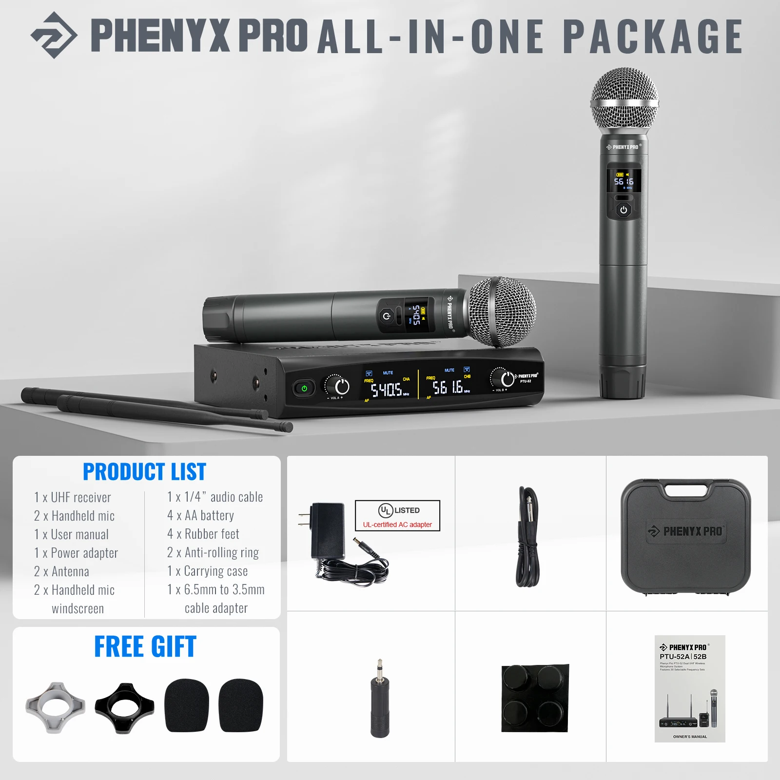 Phenyx Pro UHF Professional Dual Wireless Microphone Stage Performance Karaoke Home System 200ft/60m 30Frequencies PTU-52 wireless microphone system