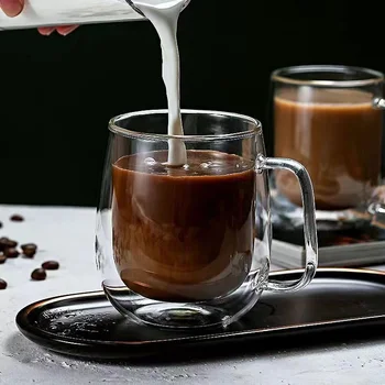 Tazza in vetro borosilicato alto resistente al calore da 150-350 ml Tazza da caffè in vetro a doppia parete con manico Tazza da acqua per latte Tazze trasparenti Regalo 1