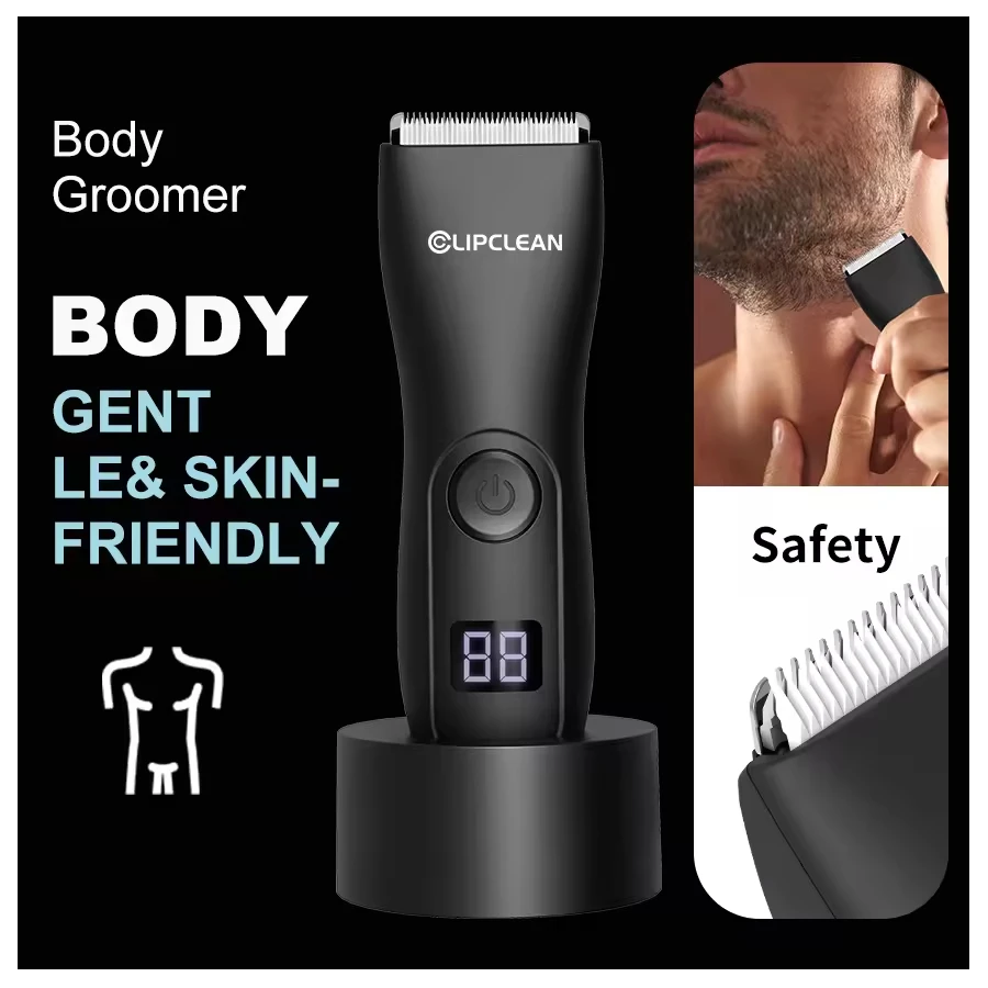 Men's Electric Body Hair Trimmer Rechargeable Cordless Body Groomer Waterproof Hair Clipper with LCD Display Remover Home