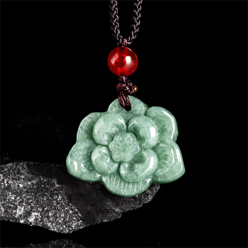 

Natural Green Jadeite Carved Unique Lotus Flower Lucky Pendant Amulet Necklace Certificate Luxury Jade Vintage Gift Jewelry