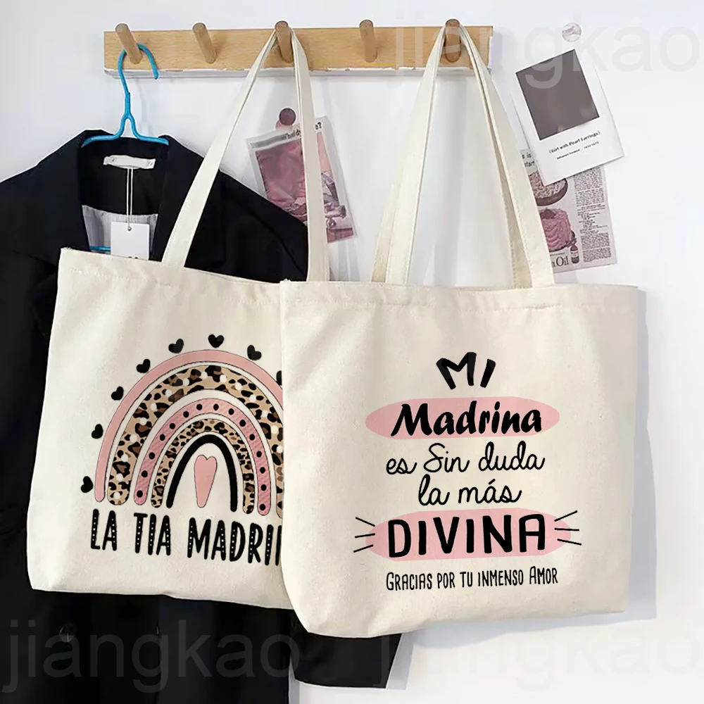 Spanish Printed Tote Bag Women Shopping Canvas Shoulder Bag Gift for Godmother