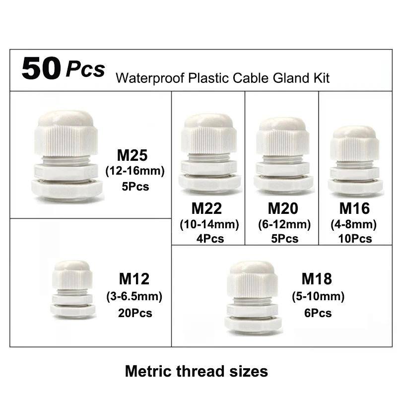 50pcs Nylon Cable Gland Waterproof Electric Wires PG11 PG13.5 PG9 PG16 M32 Connector Cord Joint Flat Balck Plastic Press Entry