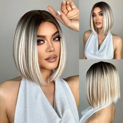 HENRY MARGU Ombre Brown Platinum Blonde Synthetic Wigs Short Straight Bob Wigs for Women Natural Heat Resistant Hair Cosplay