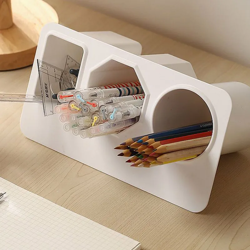 Houseeker Deskside Pen Holder Three Compartments Organiser Case Student Stationery Office Storage Box