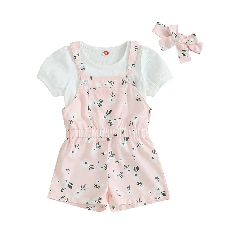 

Toddler Baby Girl Summer Clothes Short Sleeve Ribbed T-shirt Top Floral Suspender Shorts Headband 3Pcs Outfit