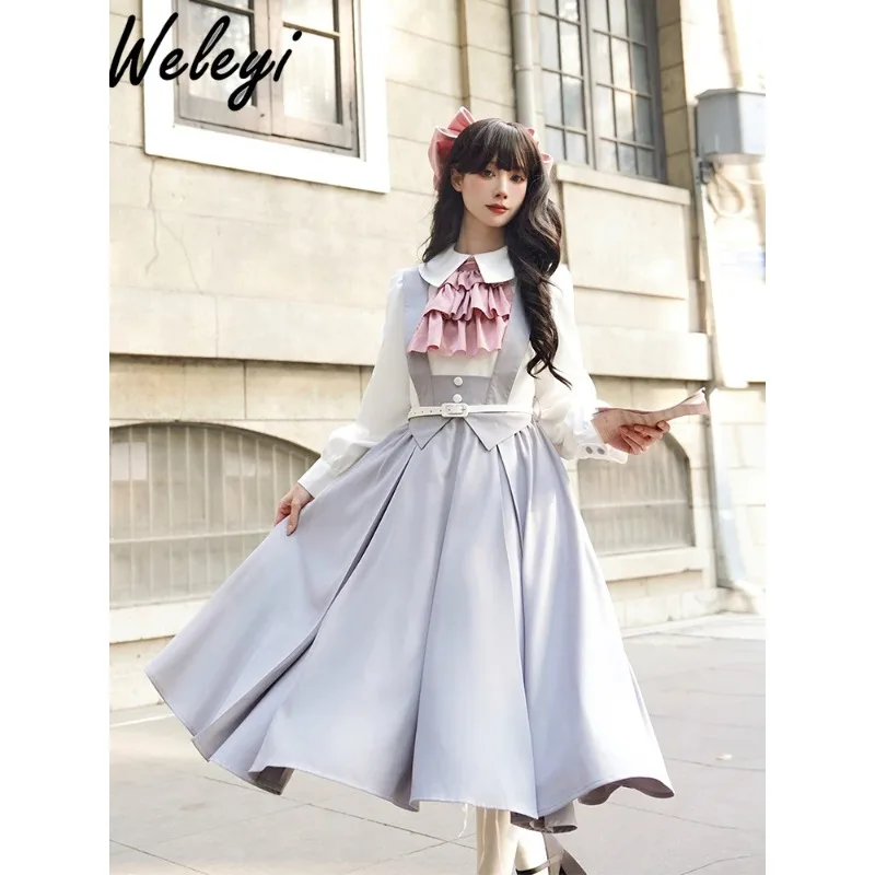 

Spring Preppy Style Lolita Adjustable Strap Midi Dresses for Women 2024 New Original Design Sweet Long Sleeve Long Dress Ladies