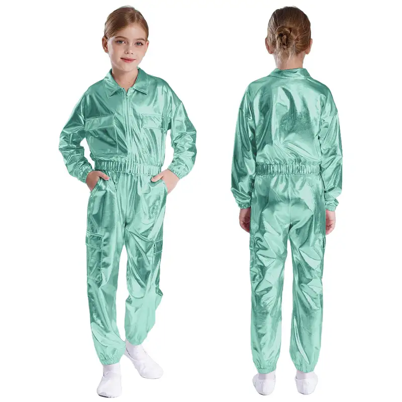 Kids Boys Girls Jazz Hip-Hop Street Dance Performance Costume Metallic Shiny Long Sleeve Athletic Jacket Coat with Pants Outfits - Image 17