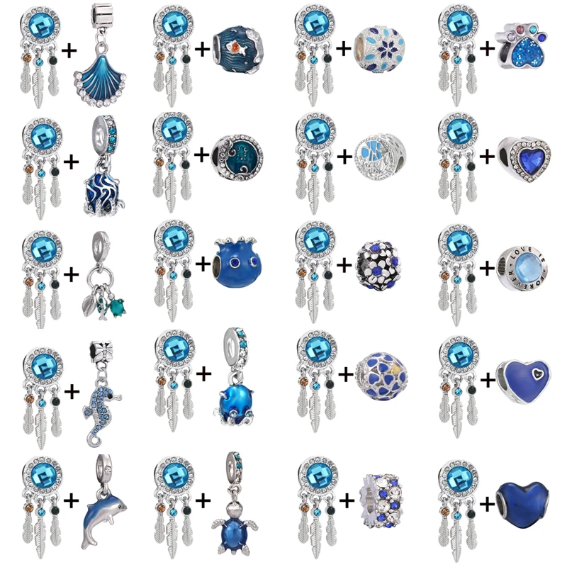 

2Pcs/Lot Blue Dream Catching Net Heart Sea Charms Pendant Bead Fit Bracelet Necklace Jewelry DIY Accessories Jewelry Making New
