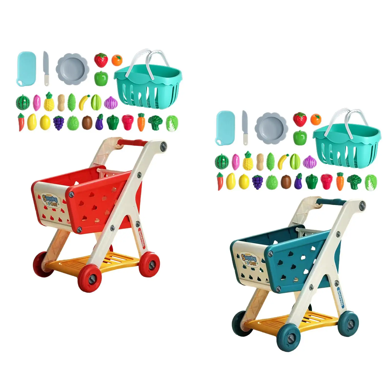 Kids Shopping Cart Trolley Set with Pretend Play Accessory Desk Storage Toys