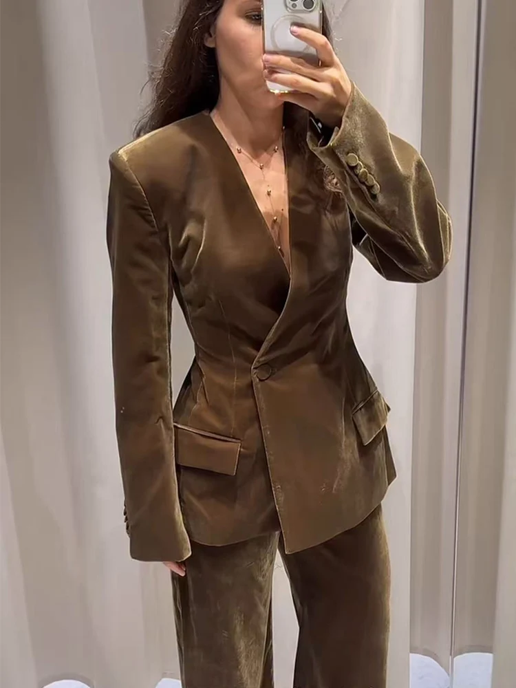 Women Elegant Velvet Pants Set 2 Piece Fashion Single Button Full Sleeve Blazer Zipper Wide Leg Pant Spring New Commuter Outfits