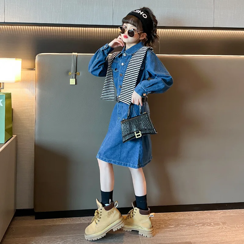 

Teen Girls Clothes Spring Fashion Casual Dress with Sash Streetwear Cinched Waist Design Striped Shawl Denim Skirt Coat 4-14 Yrs