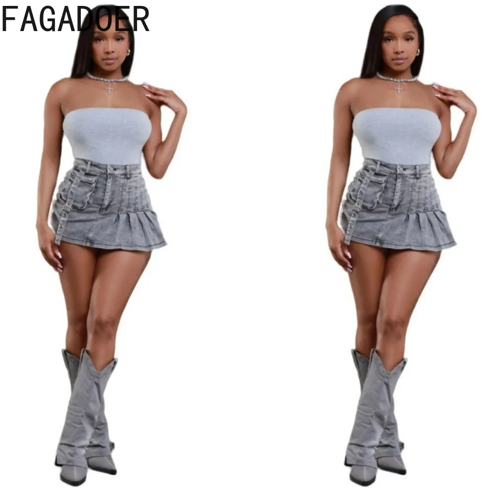 FAGADOER Summer New Denim Pleated Mini Skirts Shorts Women High Waisted Button Pocket Skirts Fashion Female Cowboy Bottoms 2024
