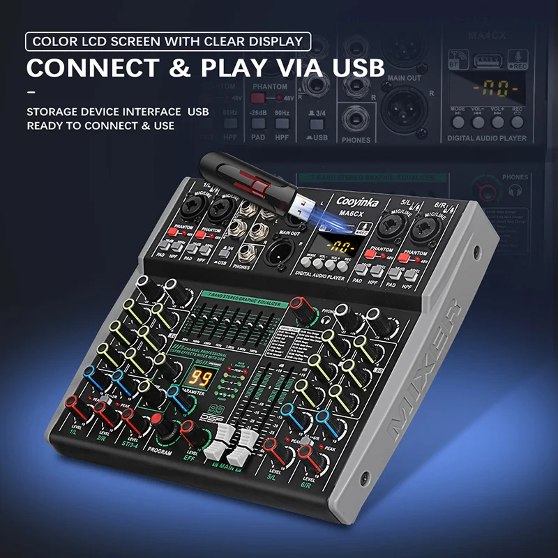 6채널 믹싱 콘솔 48V 99 DSP 이펙트 블루투스 로메호 오디오 DJ 믹서 USB PC 재생 녹음 팟캐스트 사운드 테이블