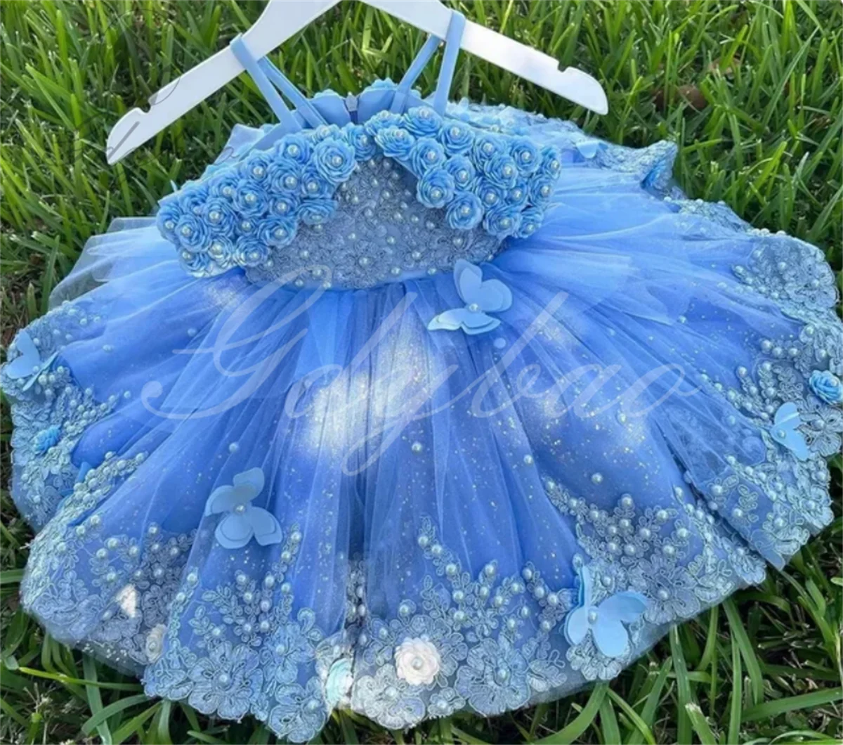 

Blue Flower Girl Dress For Wedding Puffy Pearls Suspenders Applique Princess Kids First Communion Ball Gown Birthday Party Dress