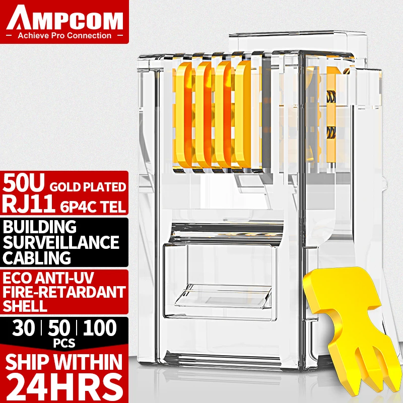 AMPCOM RJ11 Plug 6P4C 6P2C Phone Modular Telephone Cord Connector Adapter Crimp Telephone Internet Modular Plug Jack