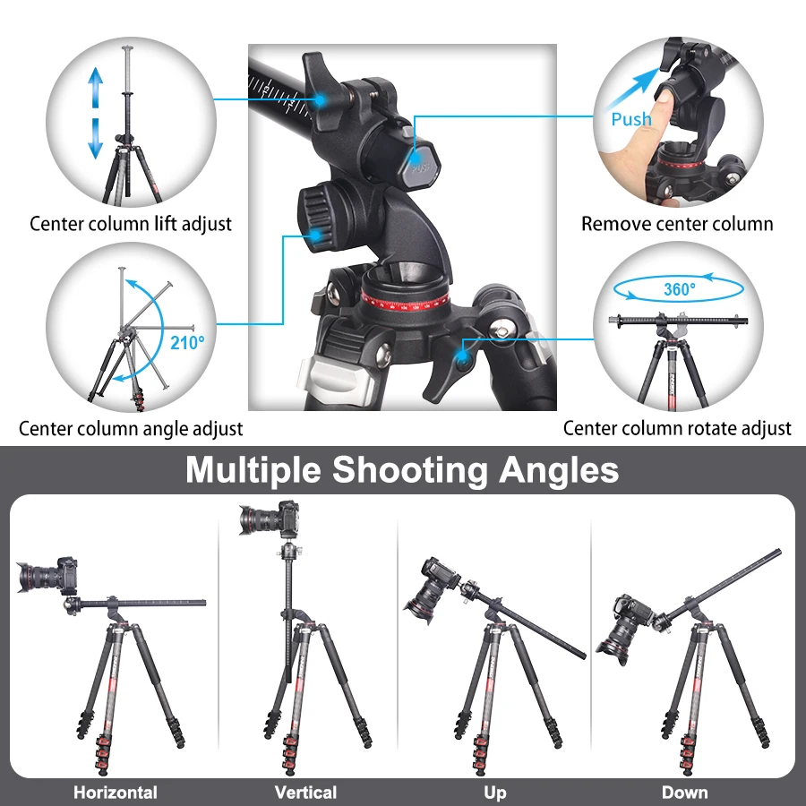 YT284C Professional Carbon Camera Tripod with rotatable multi-angle center colum