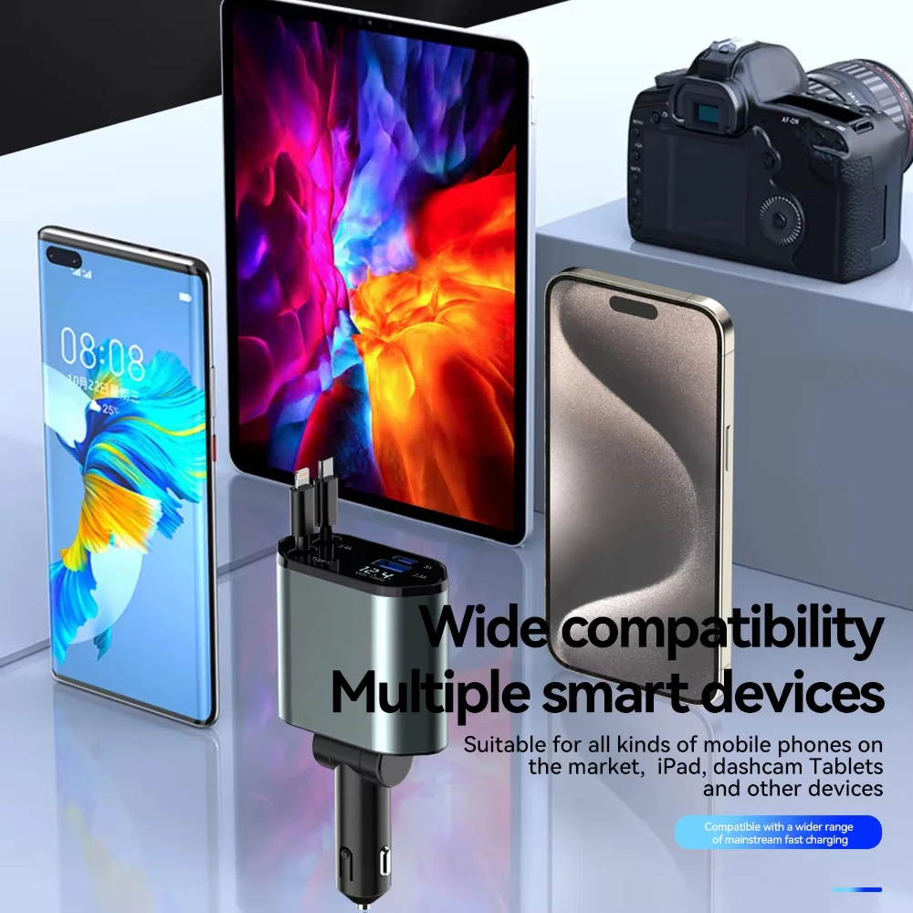 4in1 Car Fast Charger Retractable USB Type C Cable For IPhone 15 16 Pro Max Xiaomi Huawei Samsung Car Cigarette Lighter Adapter For phone charger car charger phone charger adapter car phone charger