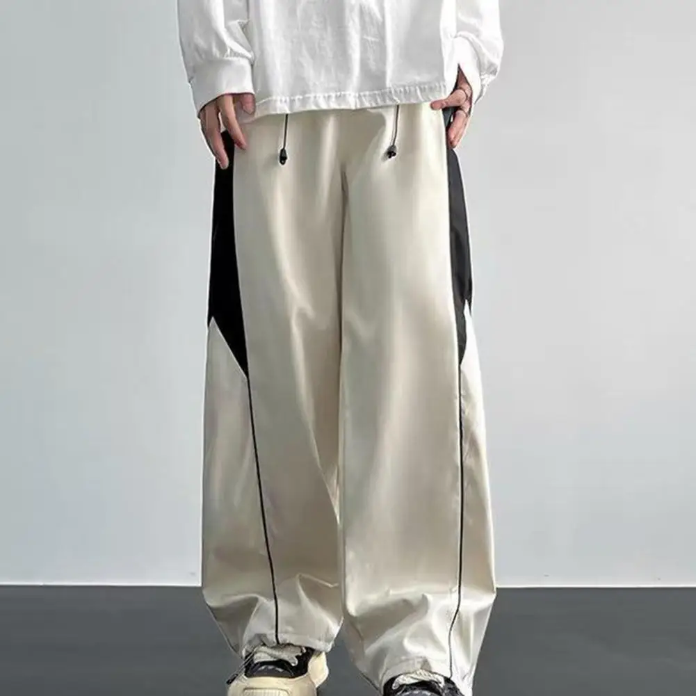 

Adjustable Waist Trousers Men's Wide Leg Drawstring Sweatpants with Deep Crotch Elastic Waist Contrast Color Soft Breathable