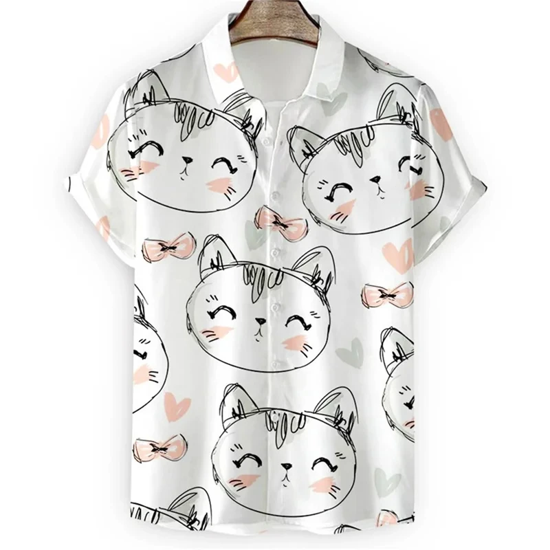 Cute 3d Cartoon Cat Print Shirt For Men Cool Summer Short Sleeve