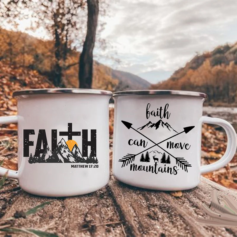 Faith Can Move Mountains Print Tazze Da Caffè Camping Smalto Mug Adventure Campfire Party Beer Cup Mountain Handle Cups Gift Camper