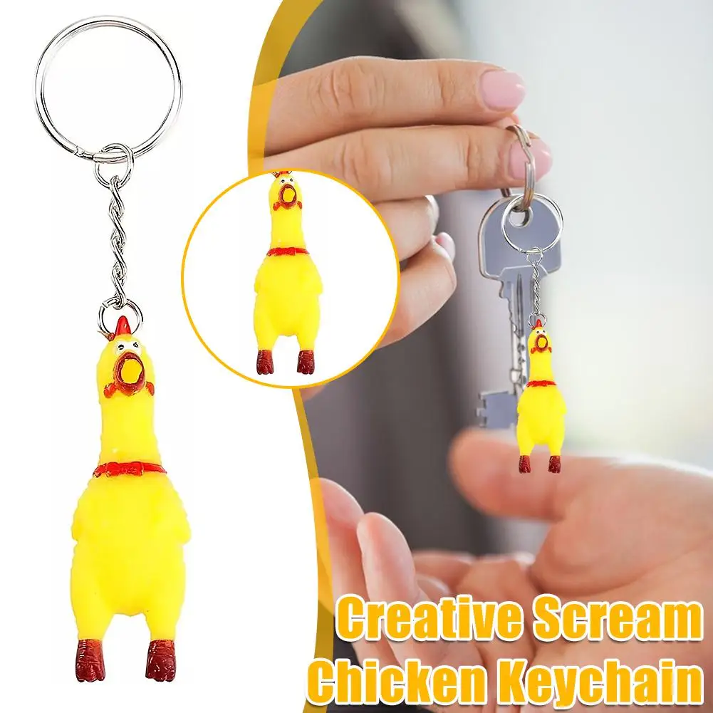 Yellow Rubber Squeeze Screaming Chicken Keychain Toy