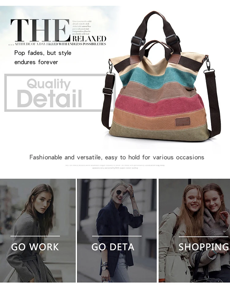 Frauen Große Kapazität Leinwand Handtaschen Mode Weibliche Schulter Tasche Neue Regenbogen Streifen Patchwork Umhängetasche – Detail 2
