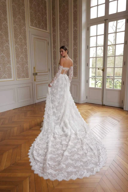 تخصيص خمر الدانتيل حورية البحر الزفاف التنفس قبالة الكتف طويلة الأكمام زي العرائس فستان فيستدو دي نوفيا 2