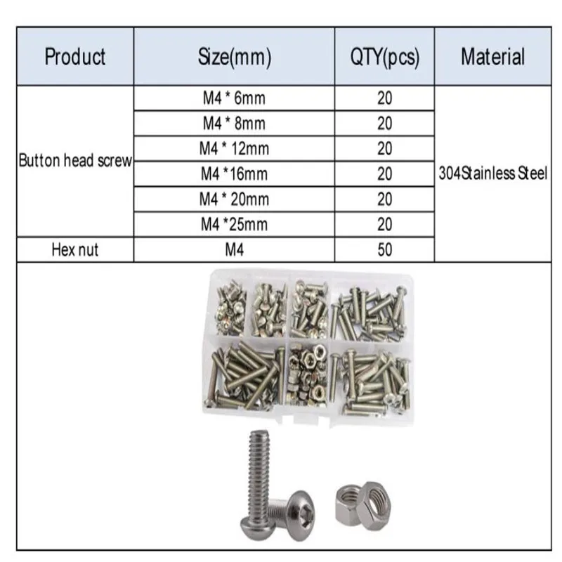 Hex Button Socket Head Cap Screw Nut Assortment Kit Set M2 m2.5 M3 M4 M5 M6 304 Stainless Steel screw bolt nut set,hexagon socket head cap screw