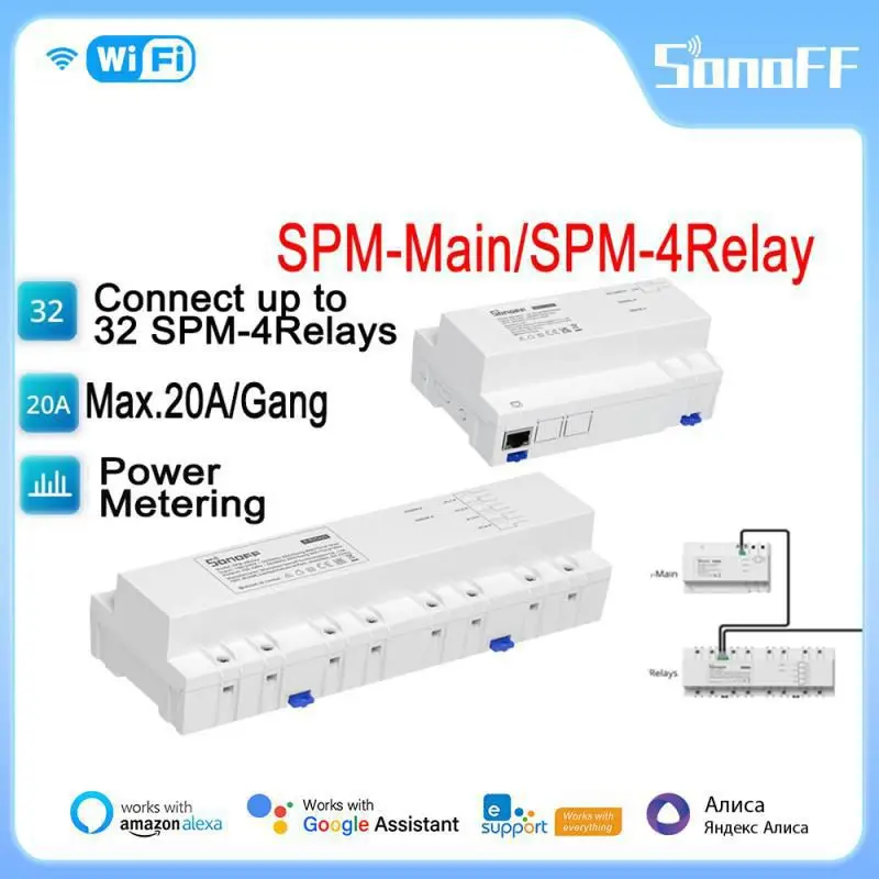 

SONOFF SPM-Main/4Relay Smart Stackable Power Meter 20A/Gang Communicates With SPM-4Relays Through RS-485 Works With eWeLink APP