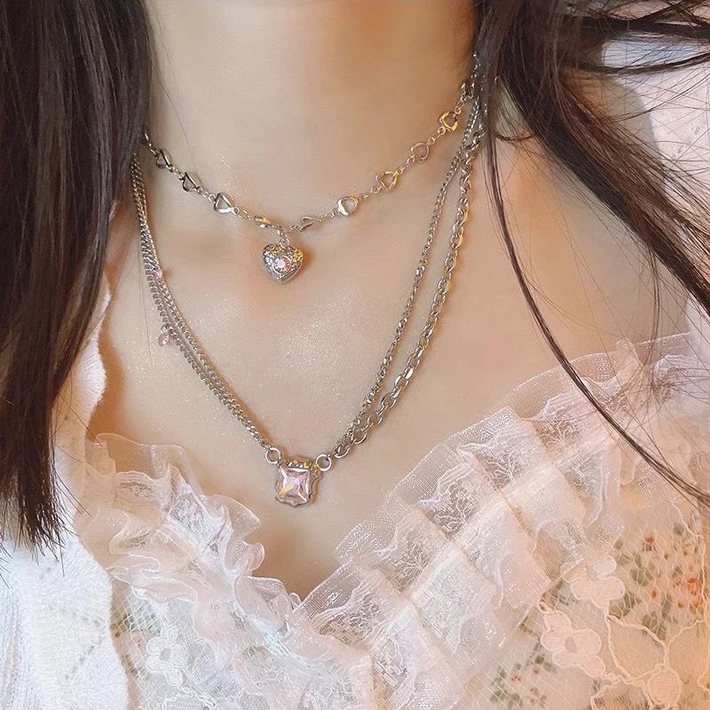 Harajuku Pink Zircon Heart Titanium Steel Double Layer Necklace For