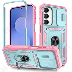 360° Rotating Ring Kickstand Military - Grade Protective Phone Case with Slide Camera Cover for Samsung S24 Plus (Green Pink)