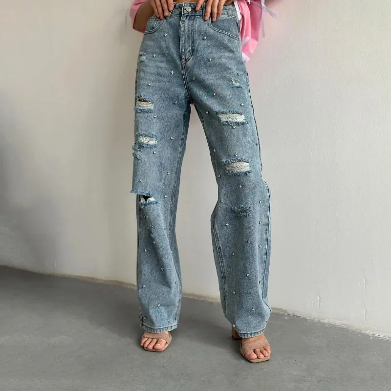 

Vintage Rhinestone Ripped Jeans Women Spring/Autumn Loose Leisure All-Matching Slimming Washed Blue Straight-Leg Pants TYFS14