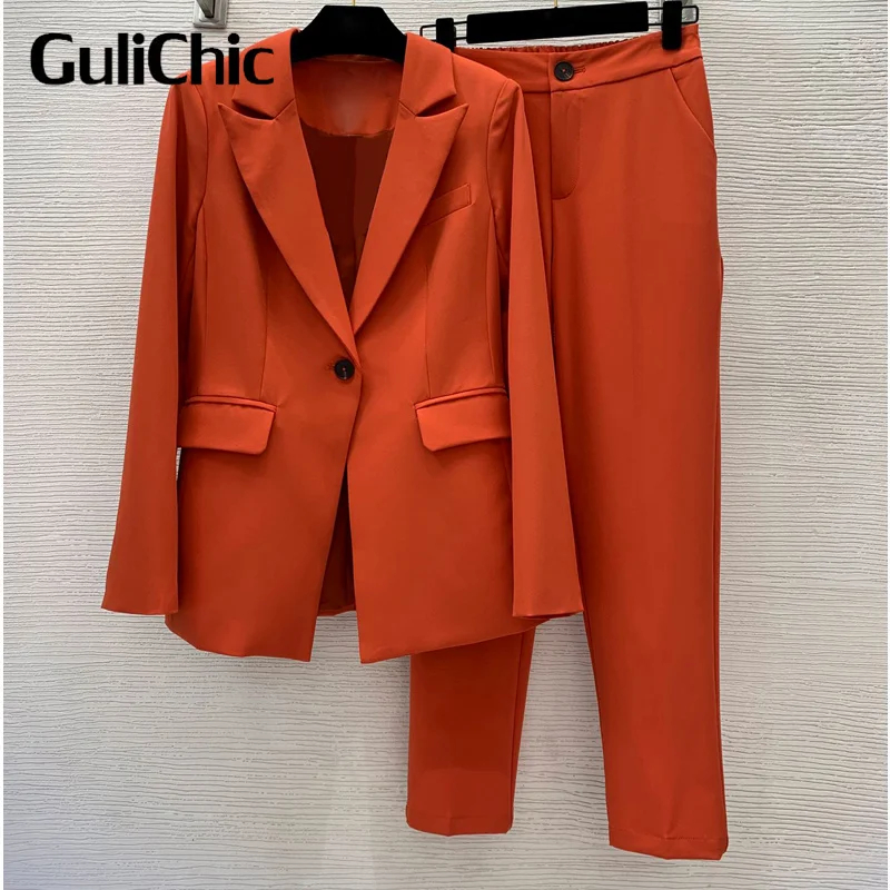 

9.11 GuliChic Women Temperament Fashion Pants Suits Single Button Lapel Collar Blazer And Elastic Waist Ankle-Length Pants Set