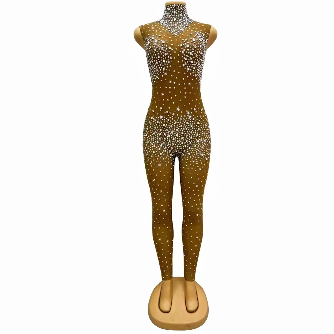 

Female Long Jumpsuit Mesh Crystals Rhinestones Brown Evening Party Celebration Sexy Fashion Stage Wear Nightclub Slim Costume