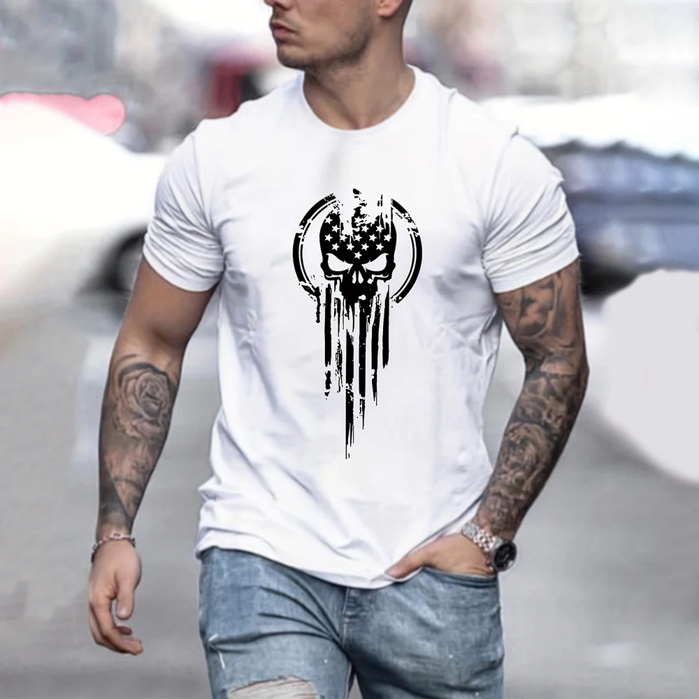

Футболка мужская с принтом черепа, повседневная тенниска оверсайз с коротким рукавом, майка с графическим принтом, однотонная уличная одежда