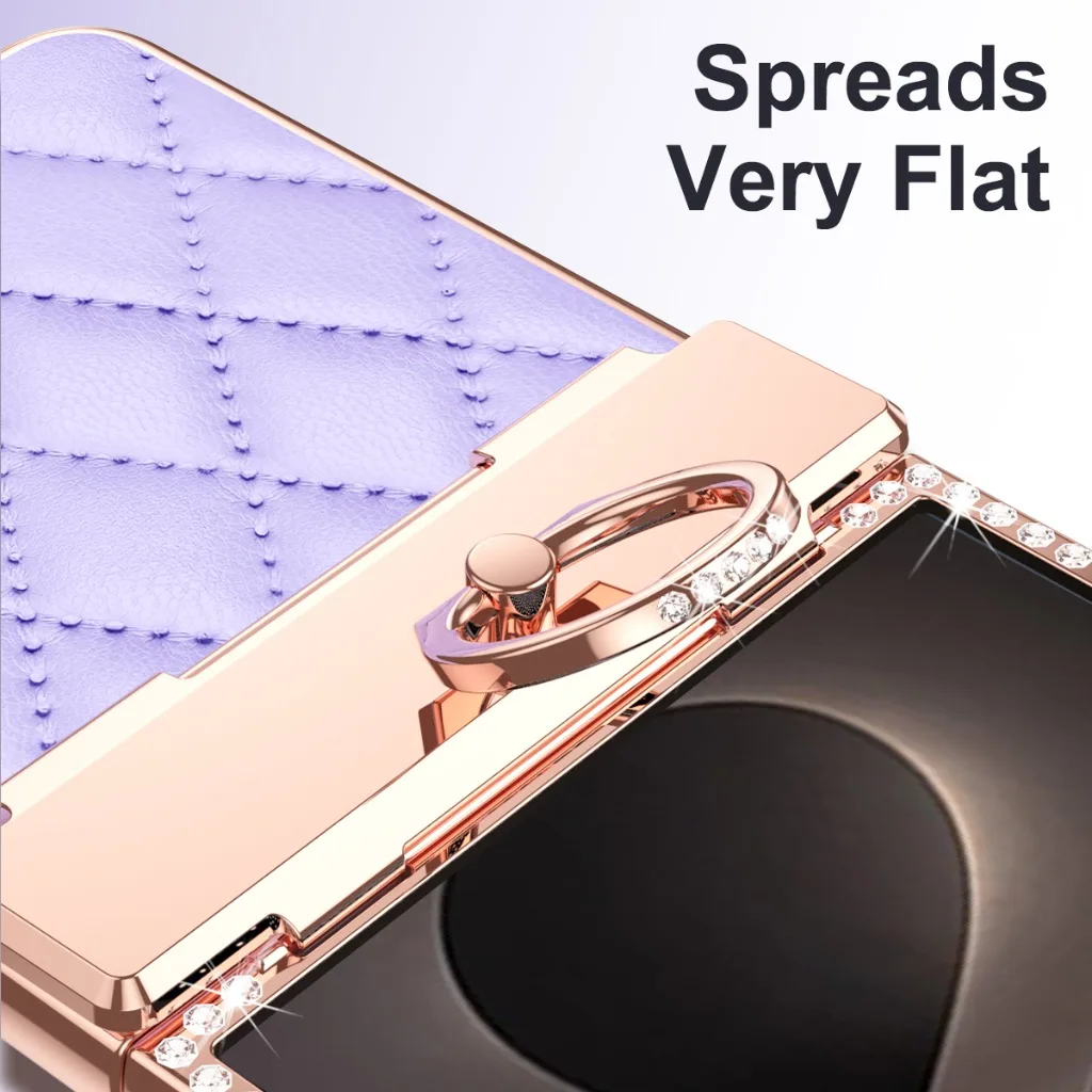 Luxury Bling PU Leather Phone Case with Hinge Ring Holder Stand and Electroplated Frame Cover