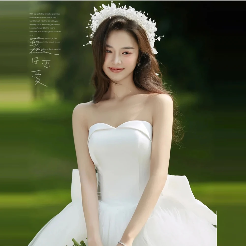 

Stylish simple satin tuxedo Classic Ball gown White Wedding dress strapless bow Custom corset style sweetheart
