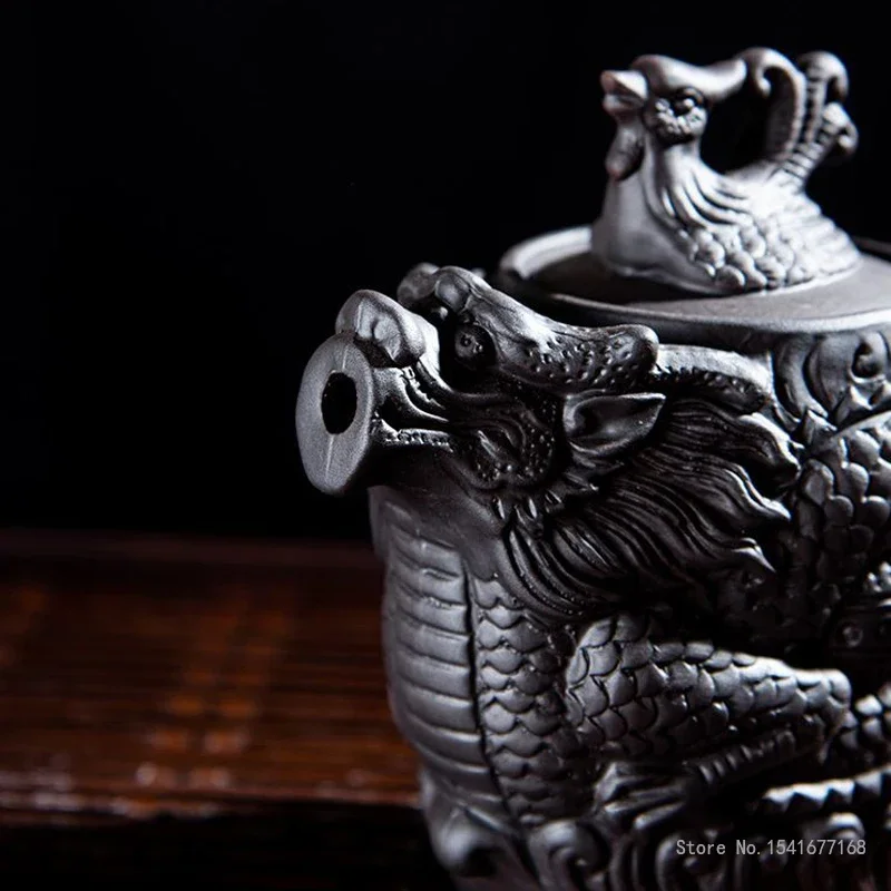 Chinese Kongfu Relief Dragon Pattern Teapot, Home Office Living Room Supplies, Purple Clay, Retro Vermilion Clay Tea Pots, 450ml