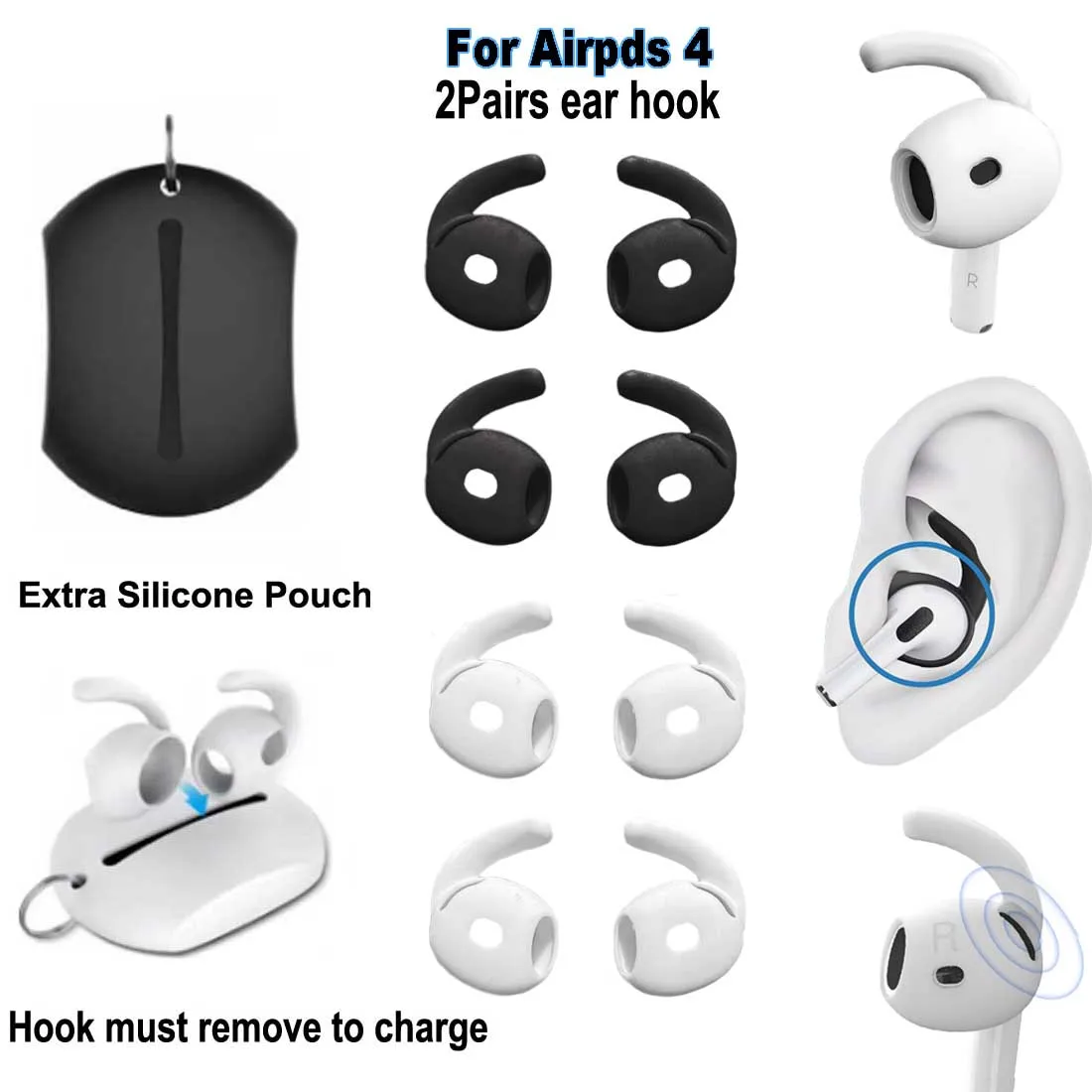 2Pairs Ear Hooks Tips for Airpods 4 Anti Slip Holders Silicone Eartips Earbuds Case Cover Triple