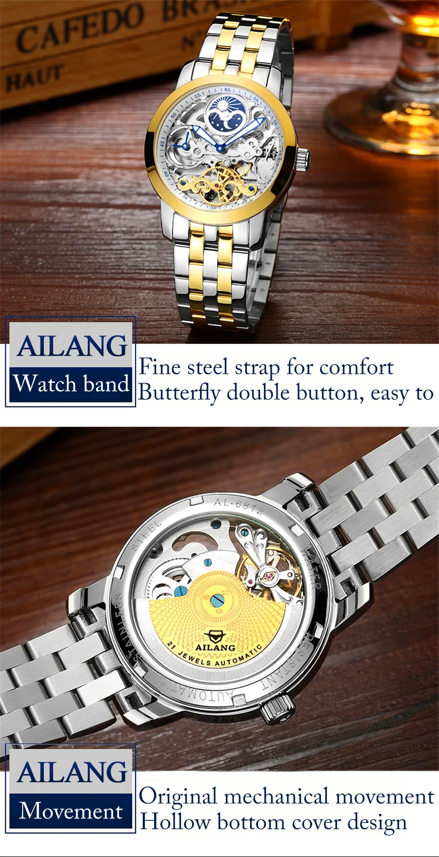AILANG exklusive original design männer transparent mechanische uhr qualität uhr wasserdichte edelstahl uhr dual display – Detail 7