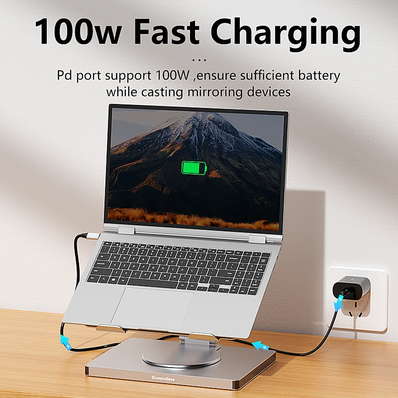Blueendless Aluminum ipad Holder 10 in 1 docking C hub 4K 60Hz Type C Adapter USB3.0 5Gbps 100W PD Charger For Laptop desktop 5