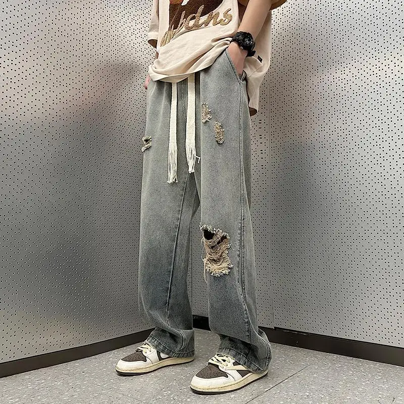 

High Street Ripped Jeans Male Tide Hip-hop Wide-leg Pants Autumn Thin Section Straight Loose Casual Old Denim Trousers C68